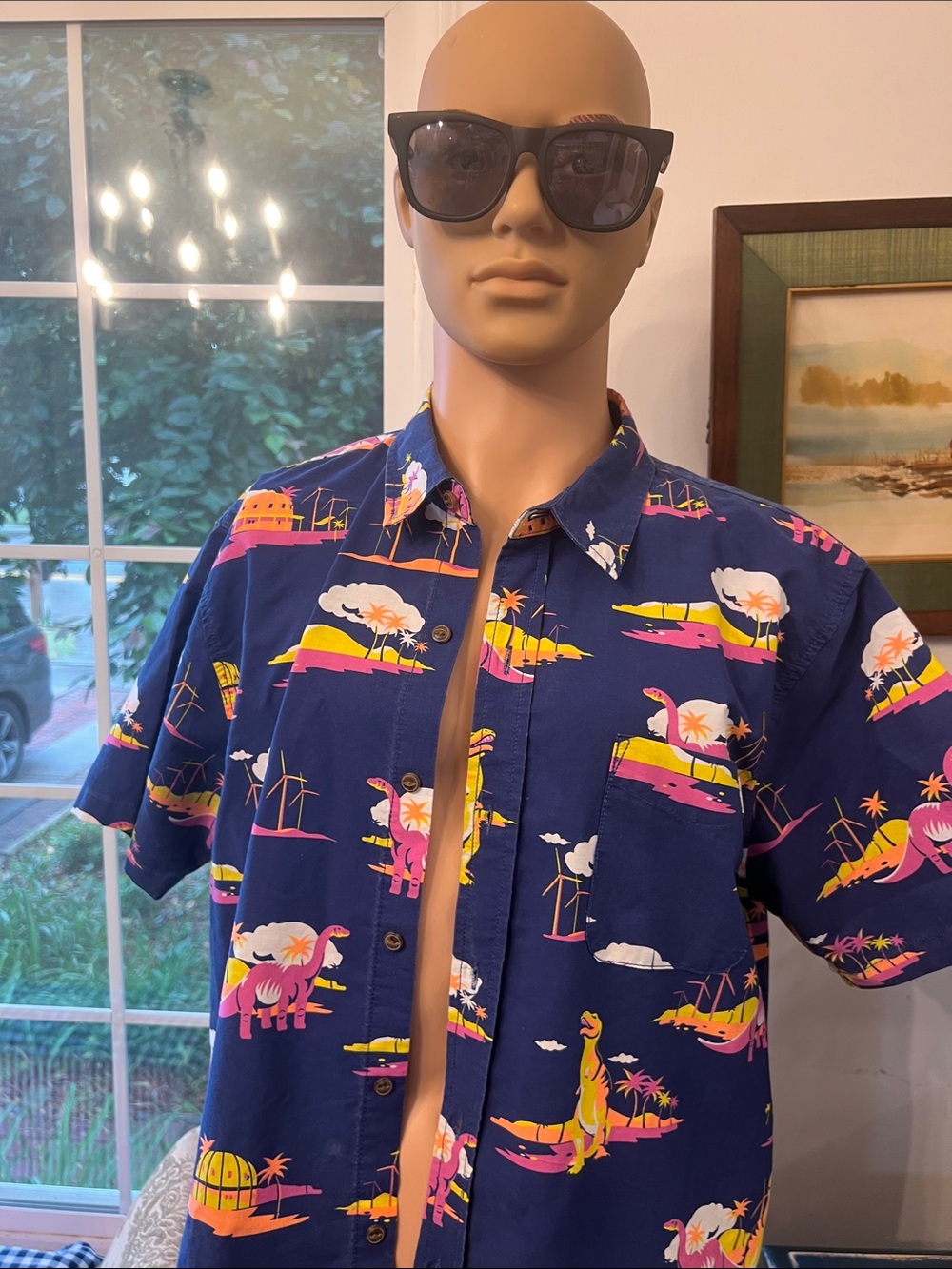 Men's Navy Tropical Print Short-Sleeve Button-Down Shirt - Vibrant Island Motif